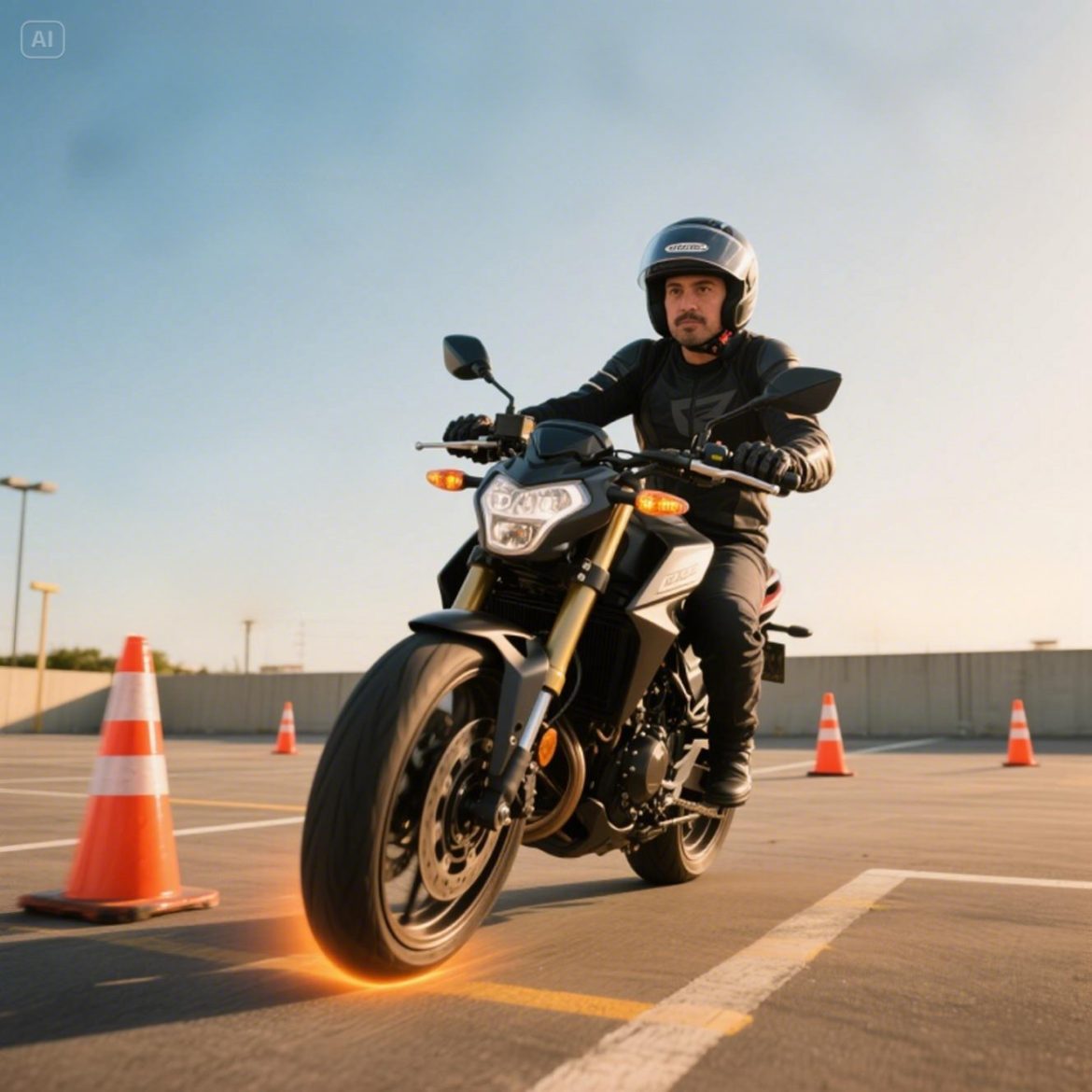 jimeng-2025-04-30-883-_Photorealistic scene of a rider (mid-40s, full safety gear) practicing in an … Mastering the motorcycle friction zone إتقان الفركشن زوون في الدراجة النارية
